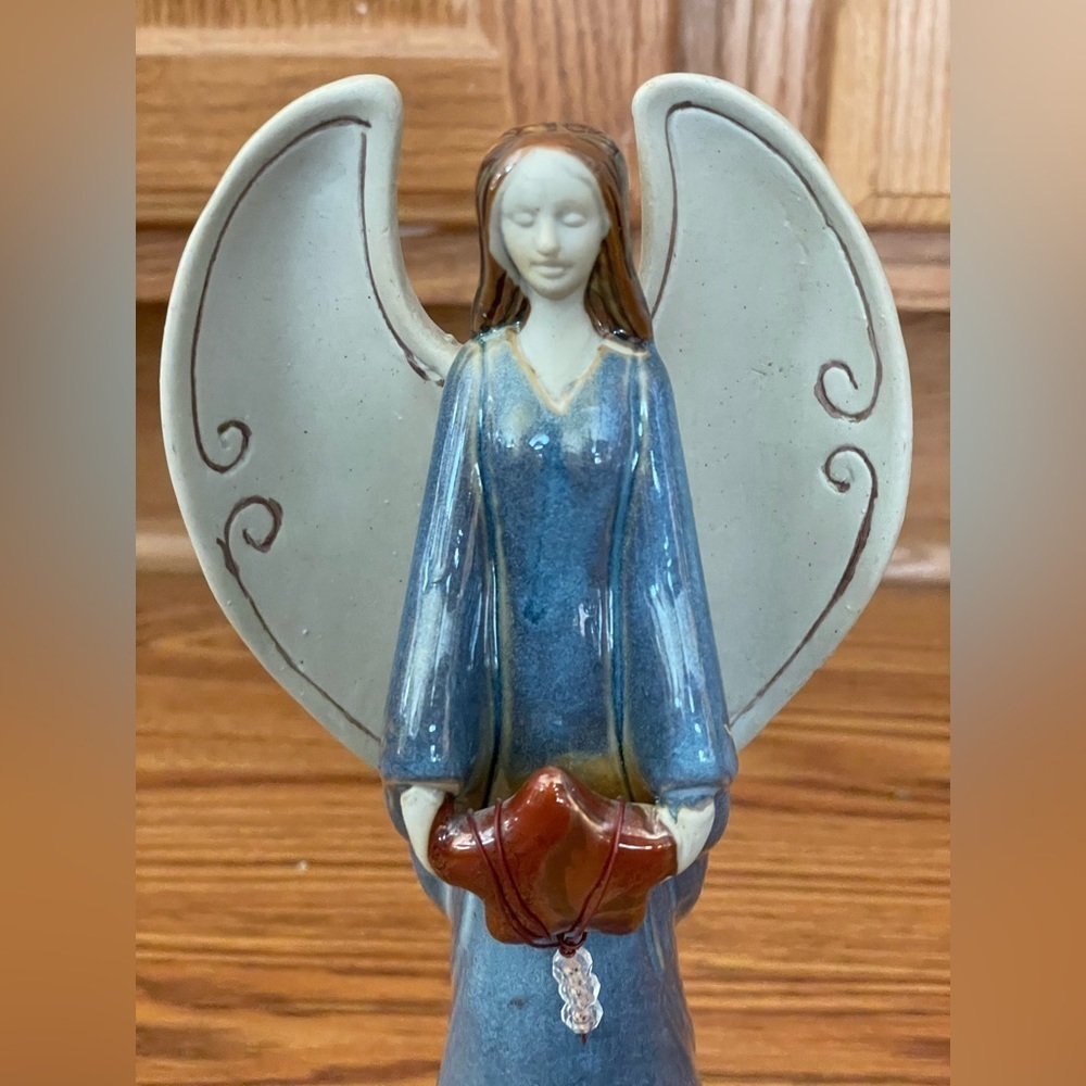 Pottery Angel Figurine Ceramic Blue Bronze Glaze Holding A Star EUC